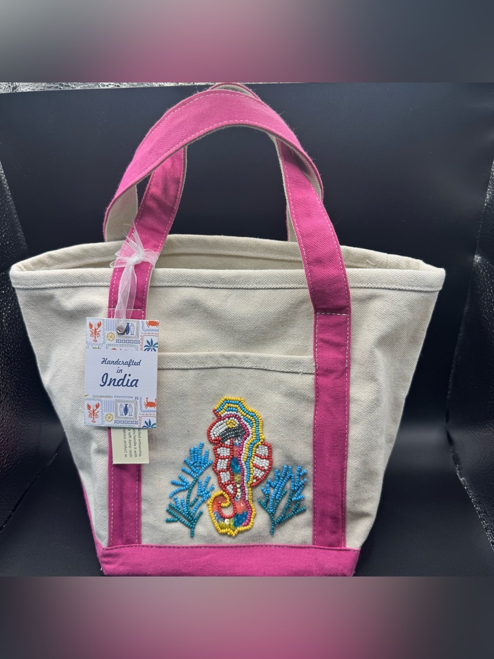 Handcrafted India  Beaded Seahorse Canvas Tote Bag with Pink Trim